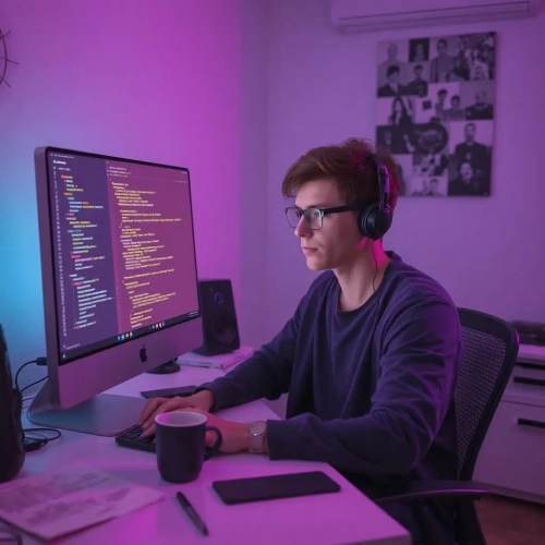 فردی در حال کد نویسی و طراحی سایت